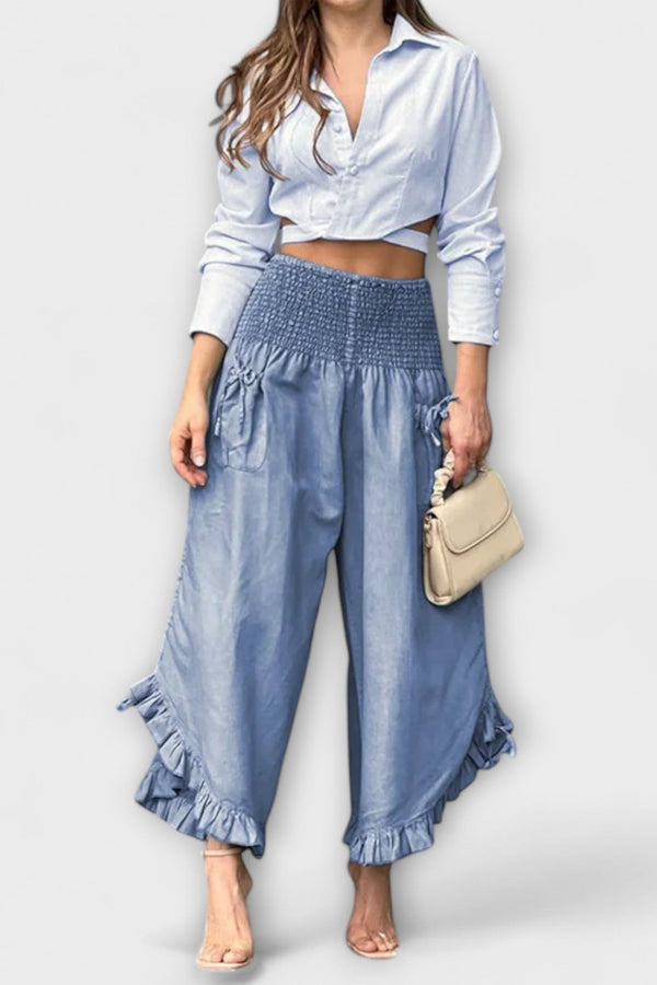 ג'איה - מכנסי פשתן רפויים עם קפלים אופנתיים