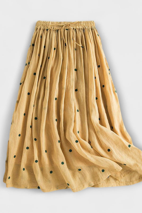 חצאית מקסי עם נקודות משחקית מבד כותנה-פשתן