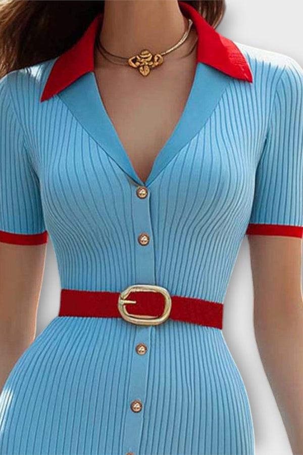 סינה - שמלת פנסיל עם פסים בצבע תכלת אופנתי